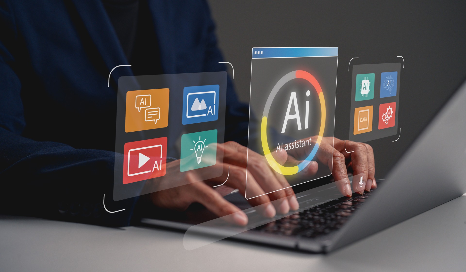 A person interacts with a laptop displaying AI applications and tools, highlighting the integration of technology in daily tasks.